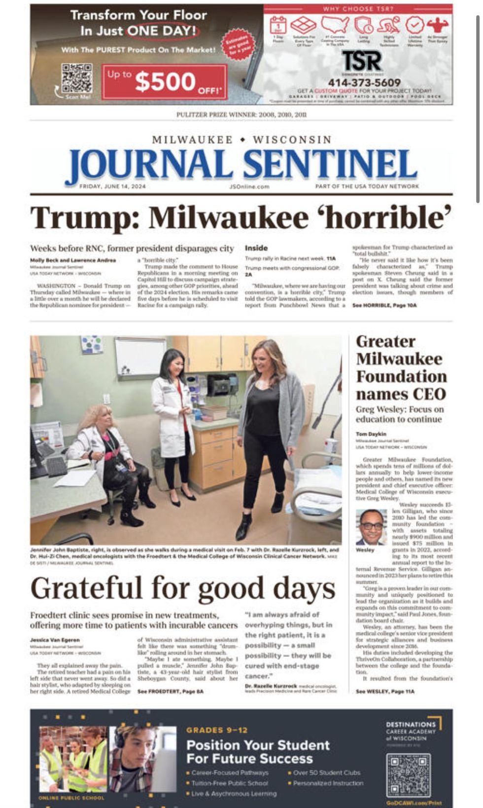 Front page of Milwaukee Journal Sentinel featuring Trump's derogatory remarks about Milwaukee