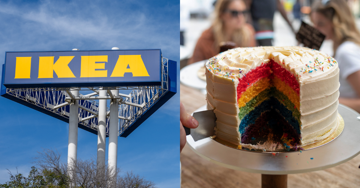 Ikea sign; rainbow cake