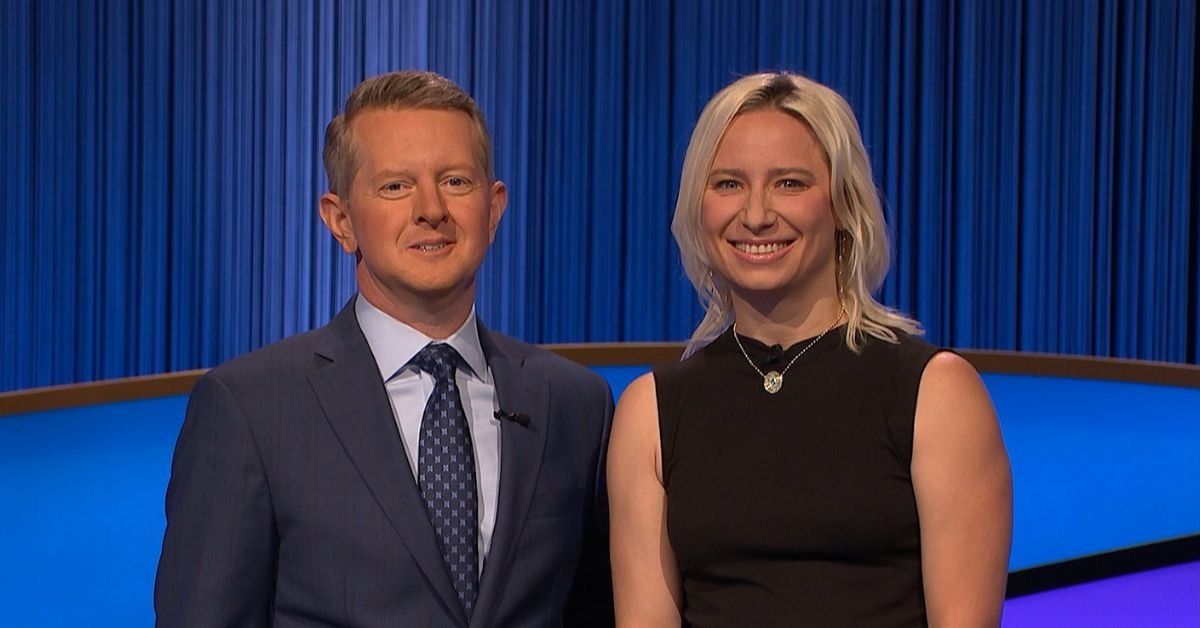 "Jeopardy!" host Ken Jennings with contestant Erin Buker