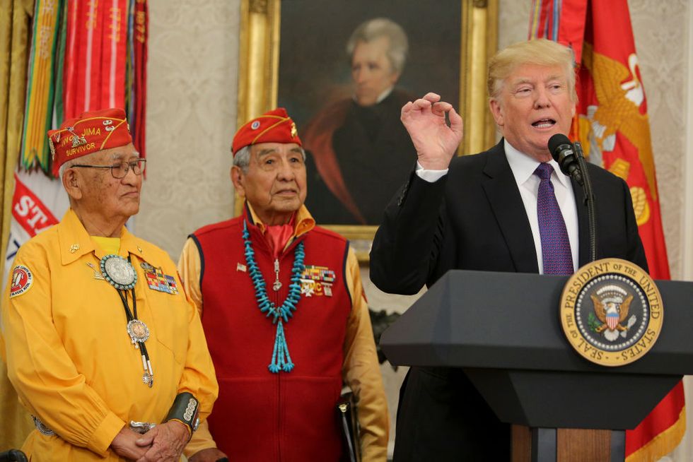 President Donald Trump speaks during an event honoring members of the Native American code talkers in the Oval Office of the White House, on November 27, 2017 in Washington, DC.