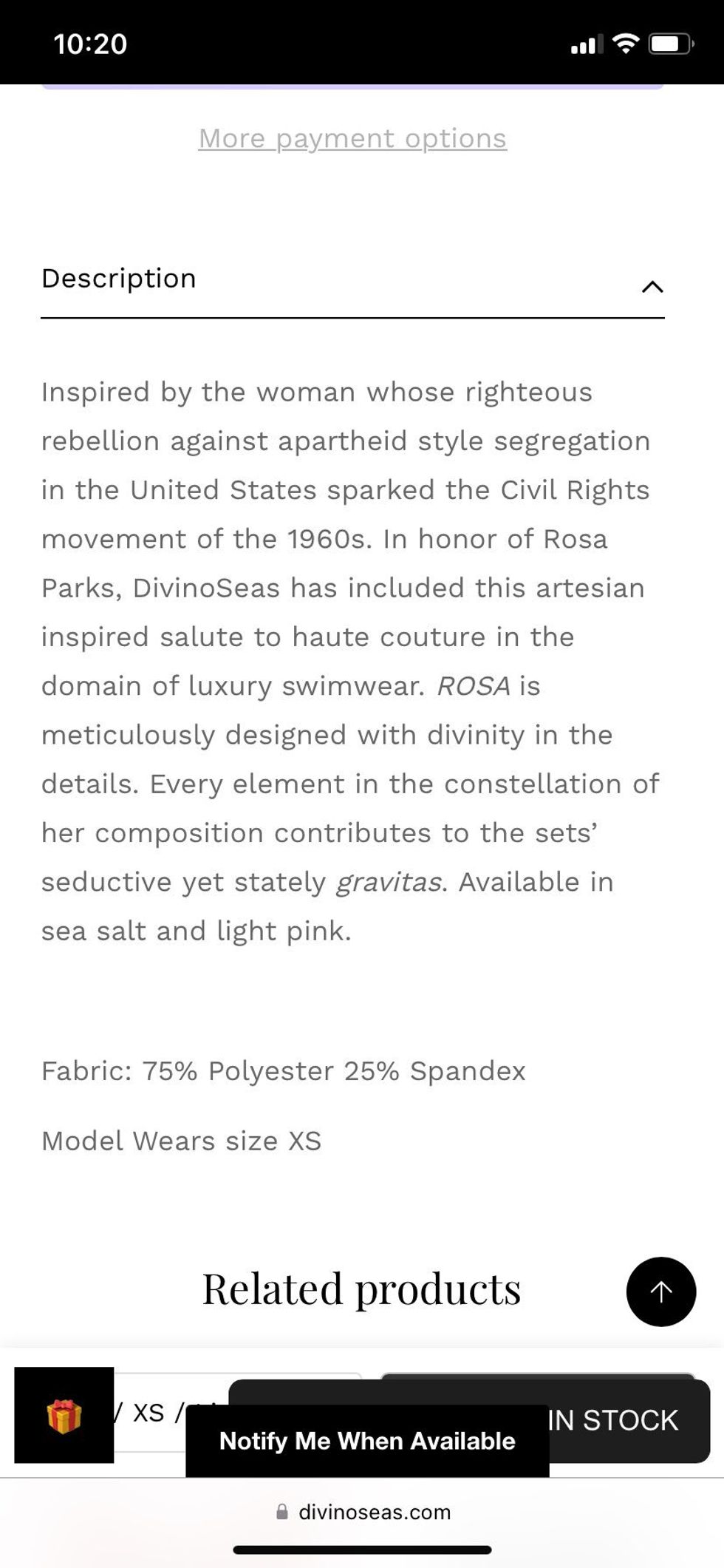 Screenshot of the description of the Rosa Parks-inspired bikini by DivinoSeas