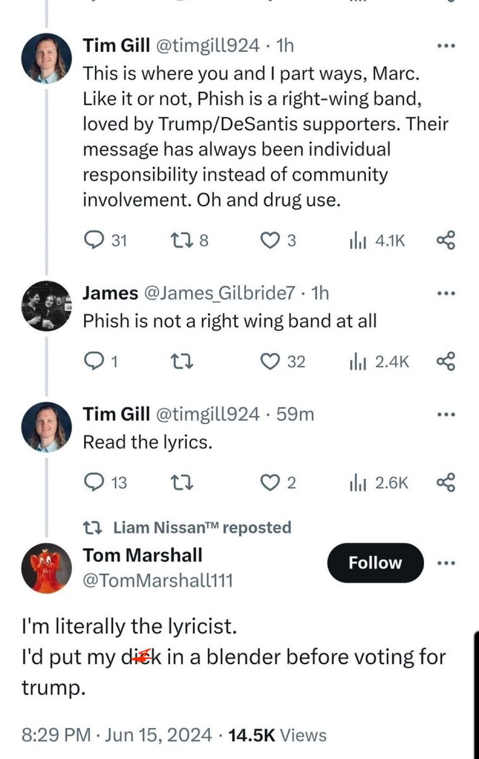 Screenshot of exchange between Tim Gill, another X poster, and Tom Marshall of Phish