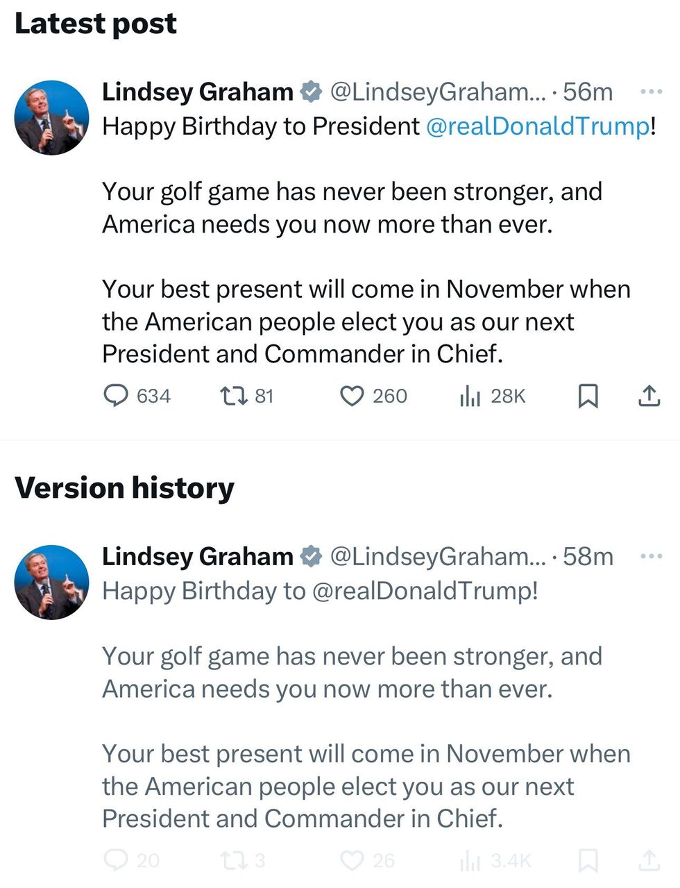 Screenshot of Lindsey Graham's edited post alongside original