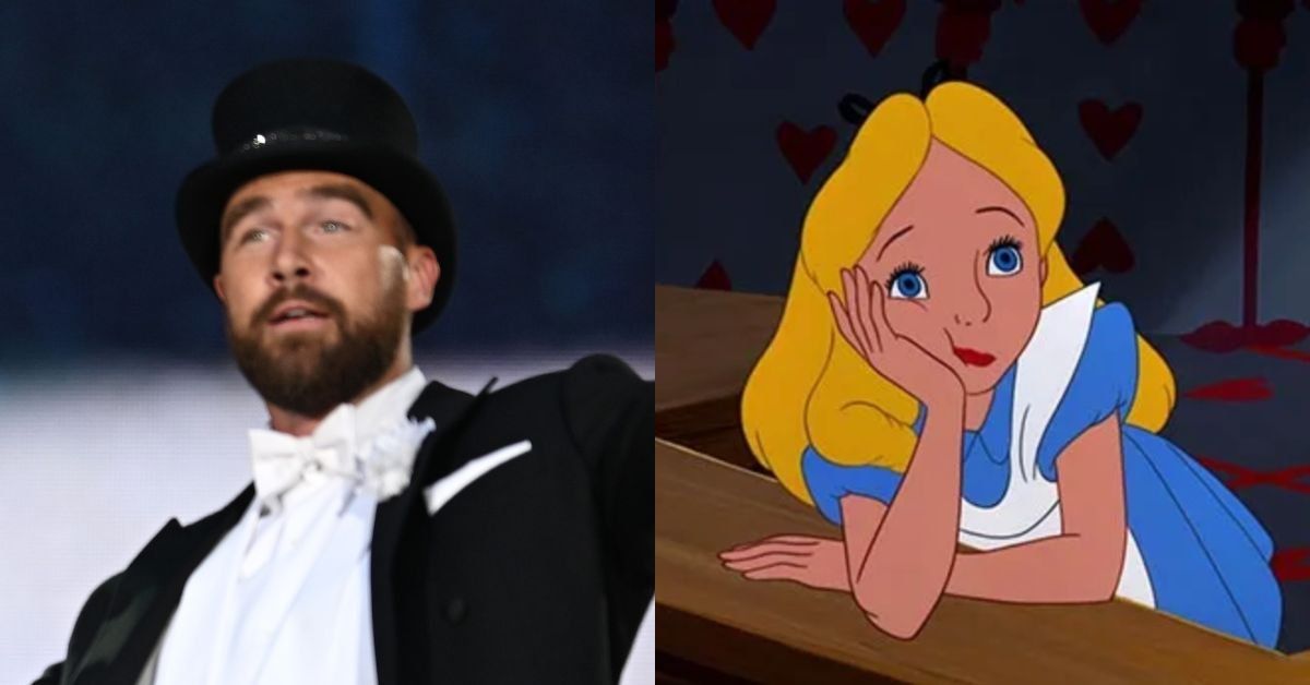 Travis Kelce from his "Eras Tour" cameo ; Alice from Disney's animated film "Alice in Wonderland" 